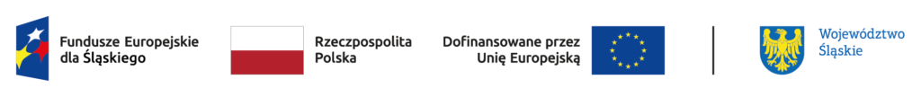 Zestaw logotypów, od lewej: Fundusze Europejskie dla Śląskiego, Flaga Rzeczypospolitej Polskiej, Flaga Unii Europejskiej, Herb Województwa Śląskiego