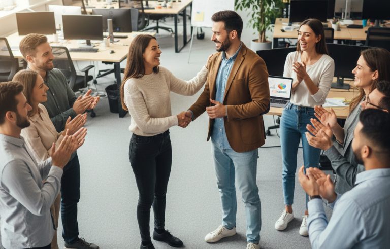 zdjęcie przedstawiające gratulujących sobie ludzi