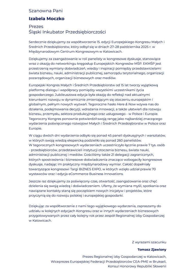 podziękowania za udział w 15. Europejski Kongresie Małych i Średnich Przedsiębiorstw